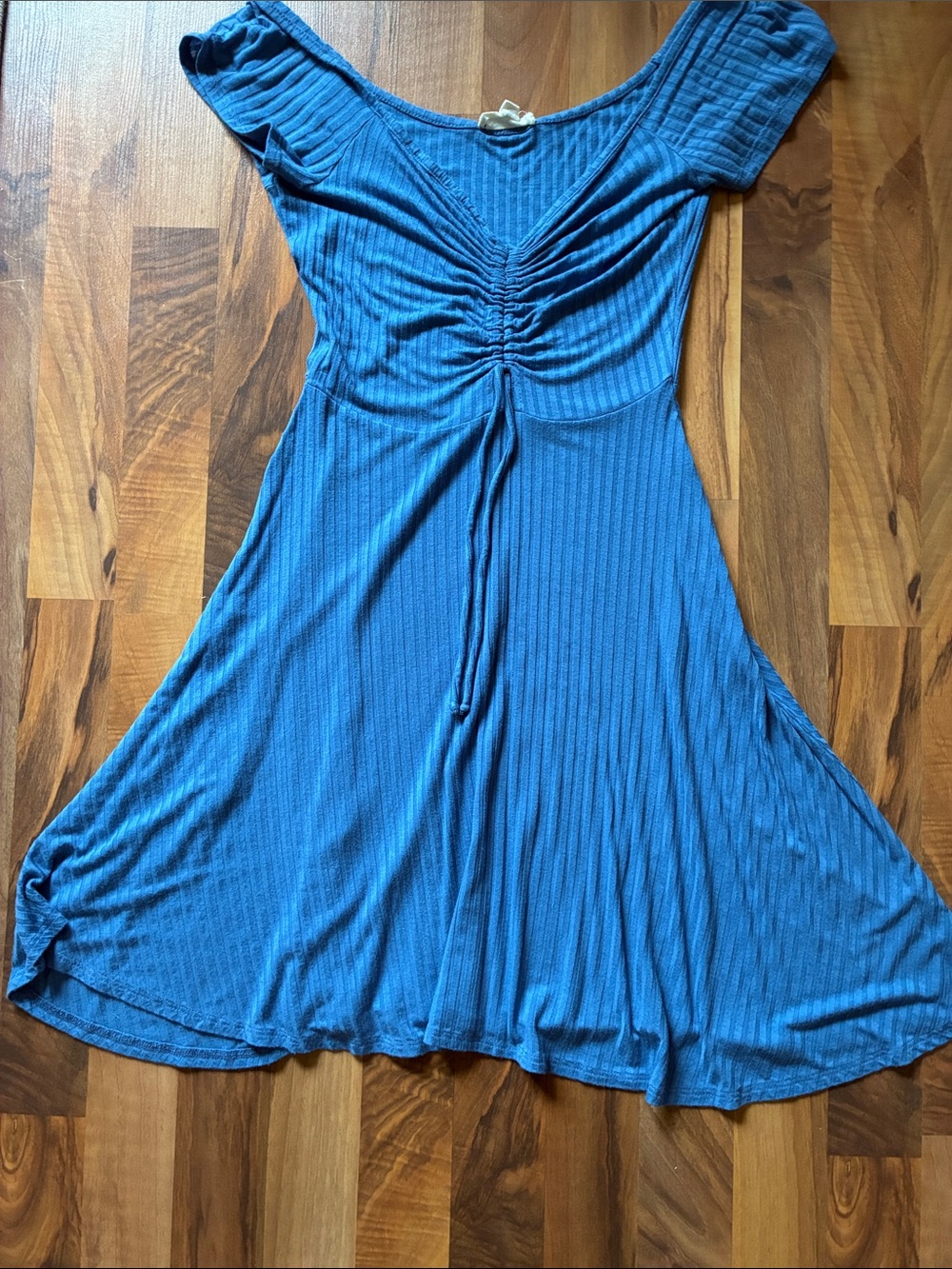 Rolla Coster Blue Ribbed Midi Dress with Ruched Front